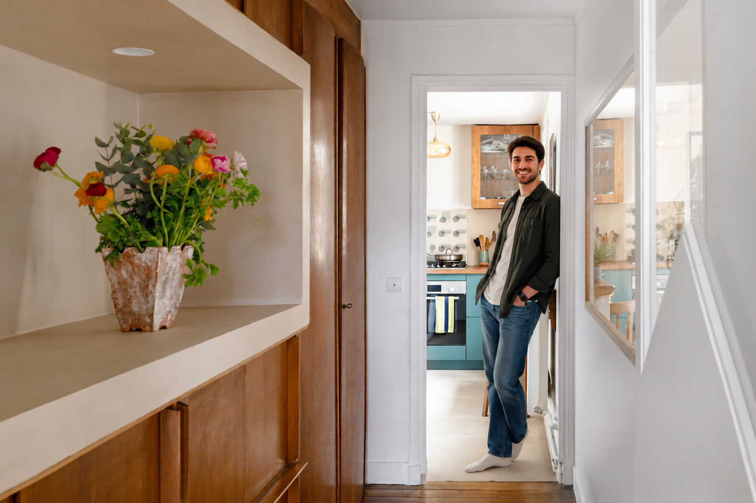Couloir et cuisine après rénovation, cuisine bleu canard et étagère fleurie, un homme adossé à l'entrée.