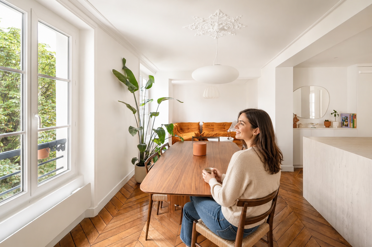 Salle à manger rénovée, lumineuse, avec mobilier contemporain et espace ouvert.