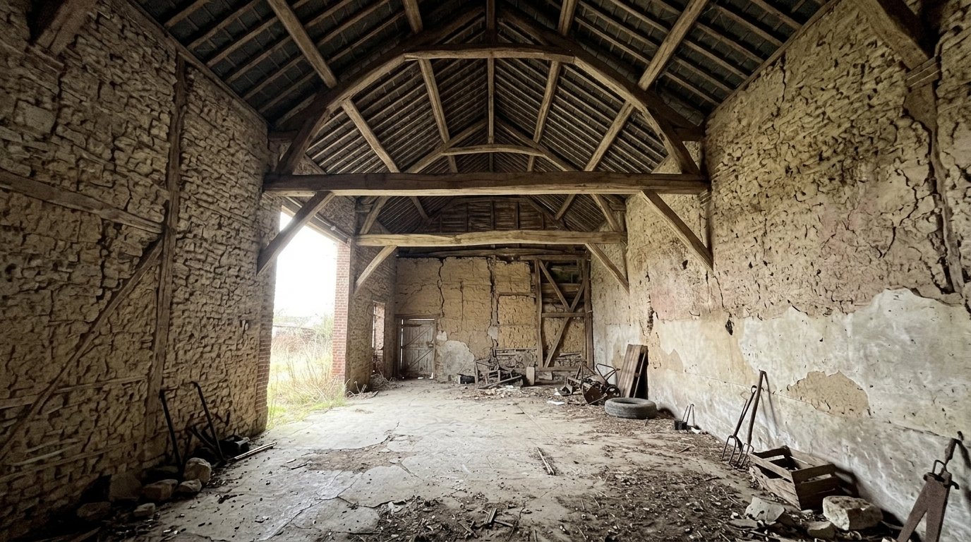Grange à l'abandon, sol et murs abimés, menace de s'écrouler.